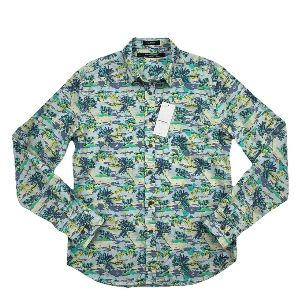 On The Road Slim Fit Tropical Palm Shirt Mens L NWT Cotton Hawaiian Beach